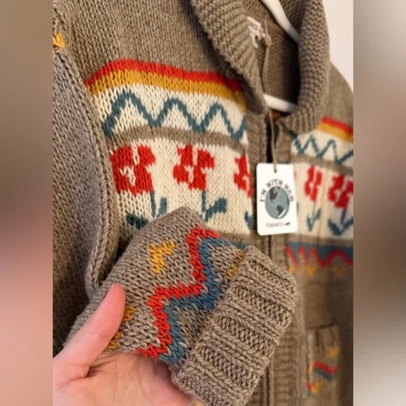 Toad&Co Brown Fair Isle Zip-Front Wool Sweater Jacket with Red & Teal Accents - Picture 5 of 6